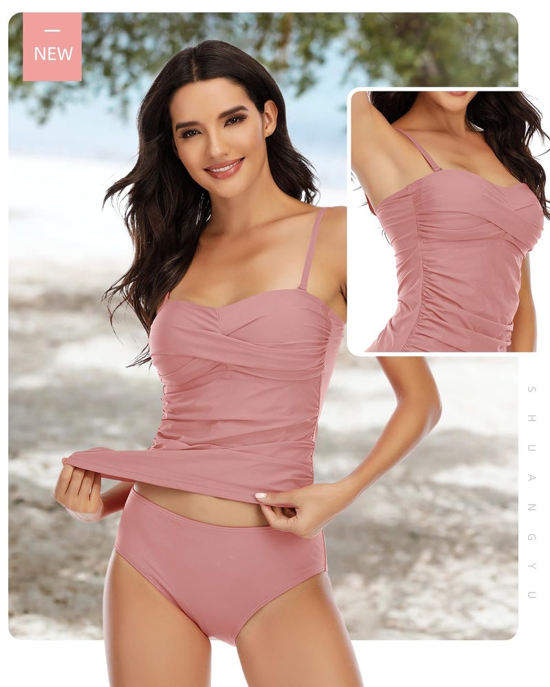 Shuangyu Tankini Swimsuits for Women Tummy Control Bathing Suits Two Piece Tankini Tops with Mid Waist Briefs Bean Paste Pink XL - Image 3