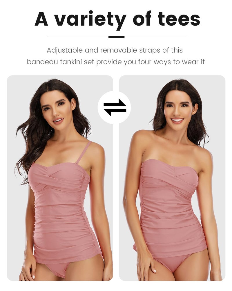 Shuangyu Tankini Swimsuits for Women Tummy Control Bathing Suits Two Piece Tankini Tops with Mid Waist Briefs Bean Paste Pink XL - Image 4