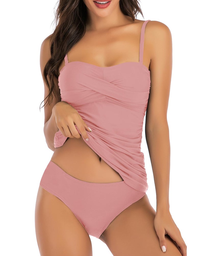 Shuangyu Tankini Swimsuits for Women Tummy Control Bathing Suits Two Piece Tankini Tops with Mid Waist Briefs Bean Paste Pink XL - Image 1