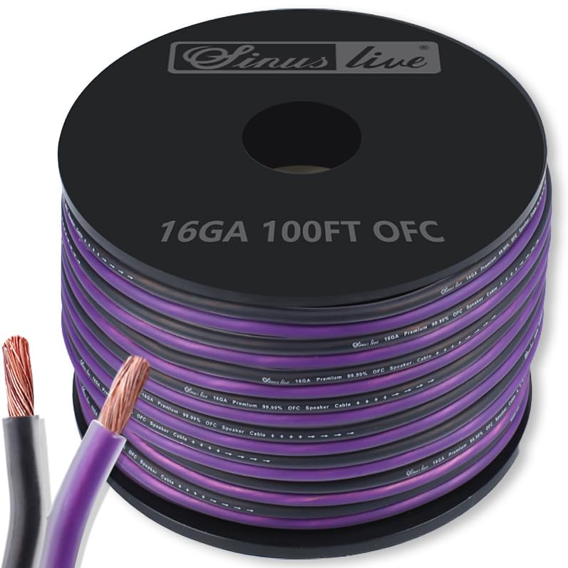SINUS LIVE سلك مكبر الصوت سينوس لايف 16-18AWG OFC (نحاس خالي من الأكسجين 100%) بطول 100 قدم للاستخدام الرائع في مكبرات الصوت المنزلية ومكبرات الصوت في السيارات وأنظمة HiFi، بنفسجي وأسود - Image 1