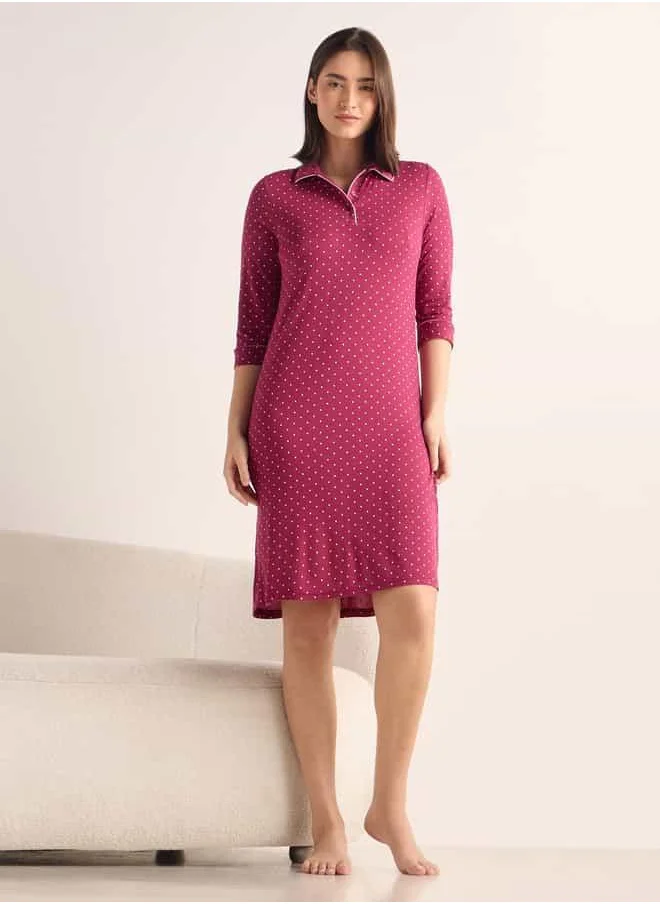 فاف Polka Dot Print Night Dress with Polo Collar and 3/4 Sleeves