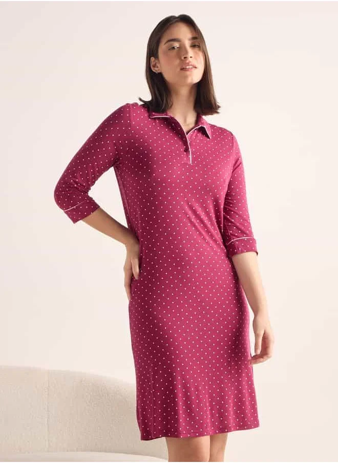 فاف Polka Dot Print Night Dress with Polo Collar and 3/4 Sleeves