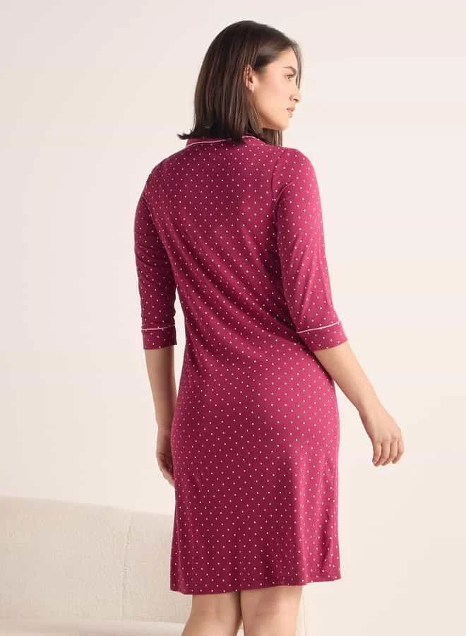 سبلاش فيڤ Polka Dot Print Night Dress with Polo Collar and 3/4 Sleeves
