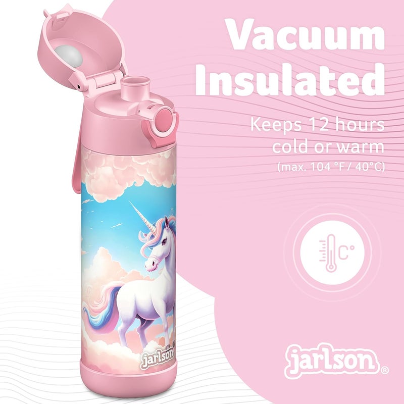 Jarlson قارورة ترمس أطفال جارلسون® مالي يونيكورن وردي 500 مل فولاذية مقاومة للصدأ، خالية من BPA، مقاومة للتسرب، آمنة لغسالة الصحون، للمدرسة، الرياضة - Image 2