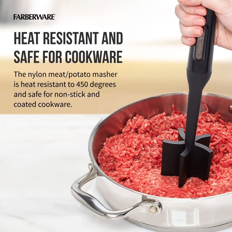 FARBERWARE Nylon Meat and Potato Masher â€“ 5-Blade Ground Meat Chopper, Heat-Resistant to 450Â°F, Safe for Nonstick Cookware, Ergonomic Handle, 10-Inch, Dishwasher-Safe, Black - Image 5