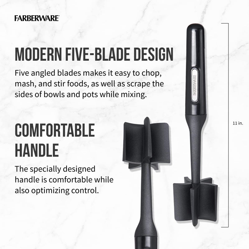 FARBERWARE Nylon Meat and Potato Masher â€“ 5-Blade Ground Meat Chopper, Heat-Resistant to 450Â°F, Safe for Nonstick Cookware, Ergonomic Handle, 10-Inch, Dishwasher-Safe, Black - Image 4