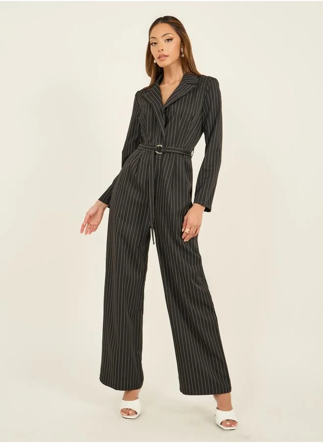 Styli Striped Notch Label Wide Leg Jumpsuit with Belt