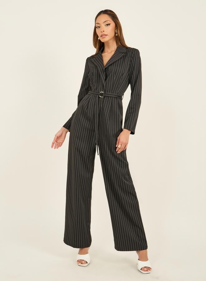Styli Striped Notch Label Wide Leg Jumpsuit with Belt - Image 2
