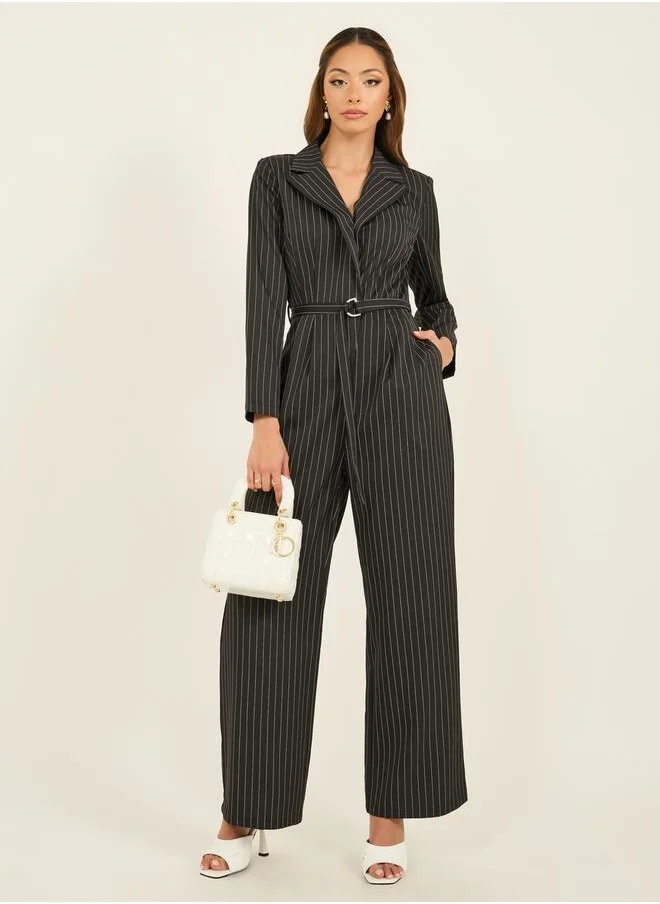 Styli Striped Notch Label Wide Leg Jumpsuit with Belt