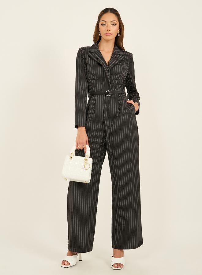Styli Striped Notch Label Wide Leg Jumpsuit with Belt - Image 1