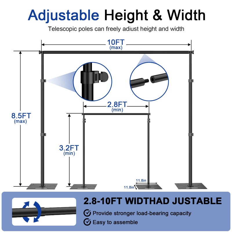 Hecis 8.5x10ft Backdrop Stand, Adjustable Photography Background Frame, Heavy Duty Pipe and Drape Kit Photo Support Poles for Wedding, Party, Birthday, Festival, Vide, Studio - Image 3