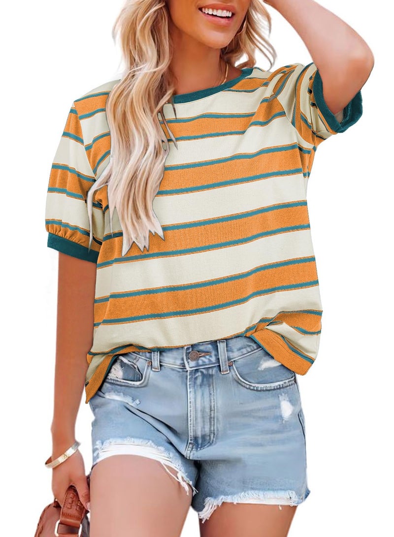 Lafural Womens Tops Cotton Casual Color Block Striped Short Sleeve Shirts Crewneck T Shirts Loose Basic Tee Blouses Orange M - Image 1