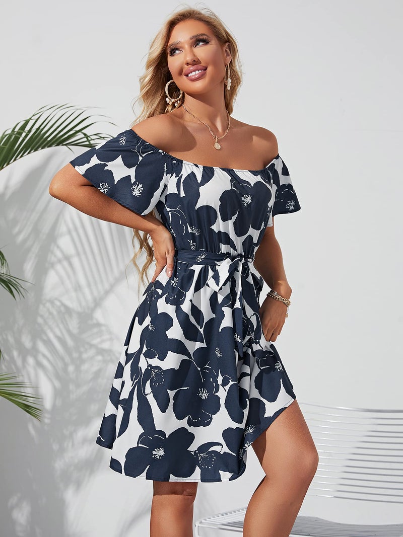 JECEIKA Women Off Shoulder Dress Ruffle Bell Sleeve Summer Wedding Guest Dress 2025 Flattering Hide Tummy Graduation Dress, Navy Blue Floral, Large JC236-1-L - Image 4