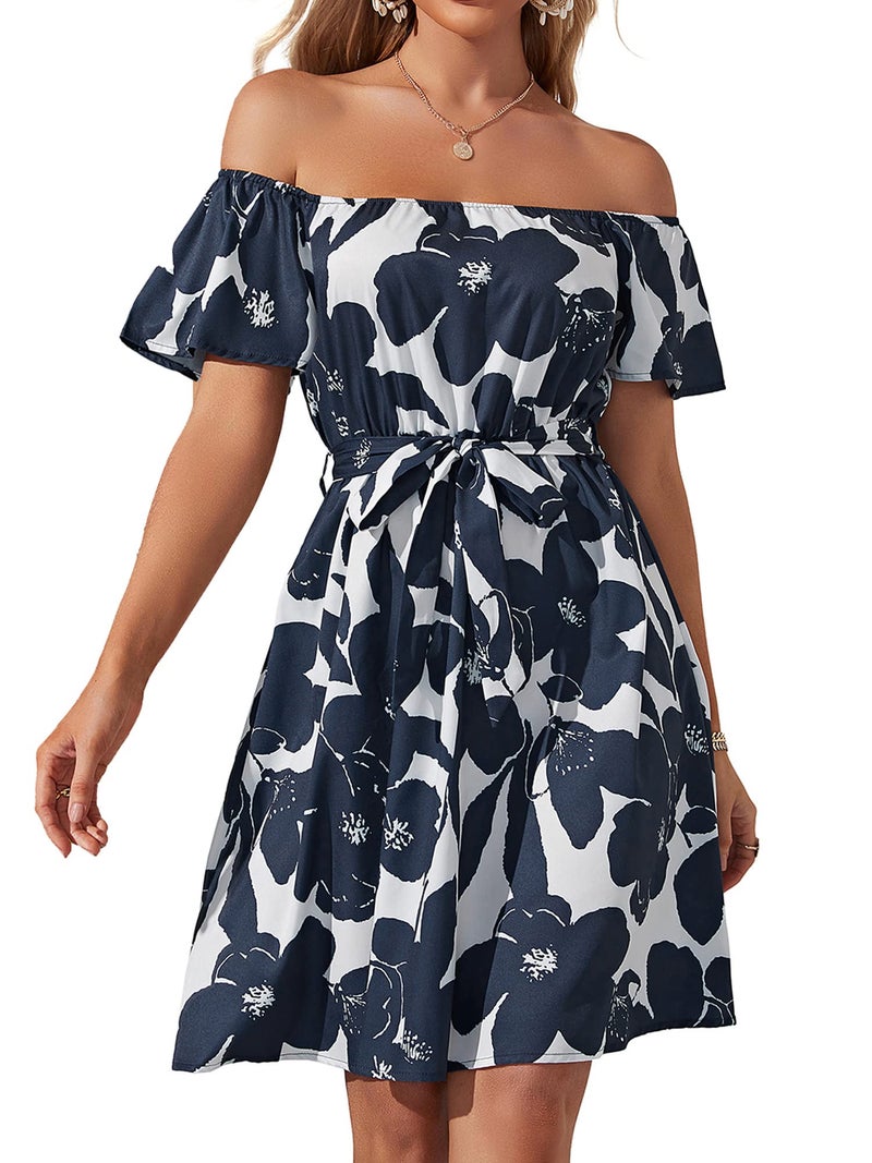 JECEIKA Women Off Shoulder Dress Ruffle Bell Sleeve Summer Wedding Guest Dress 2025 Flattering Hide Tummy Graduation Dress, Navy Blue Floral, Large JC236-1-L - Image 1