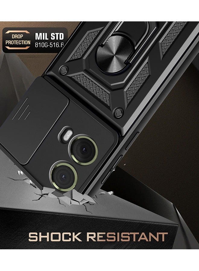 Case Compatible with Motorola G85 5G, Ultra Thin Shockproof Armor Cover with Slide Camera Cover and Magnetic Ring Kickstand, PC+TPU Durable Cover (Black) - Image 2