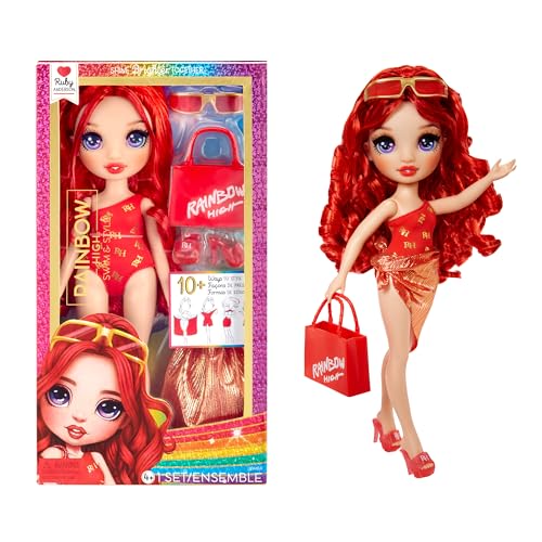 Rainbow High Swim & Style Ruby, Red 11" Fashion Doll with Shimmery Wrap to Style 10+ Ways, Removable Swimsuit, Sandals, Fun Play Accessories. Kids Toy Gift Ages 4-12 Years - Image 1