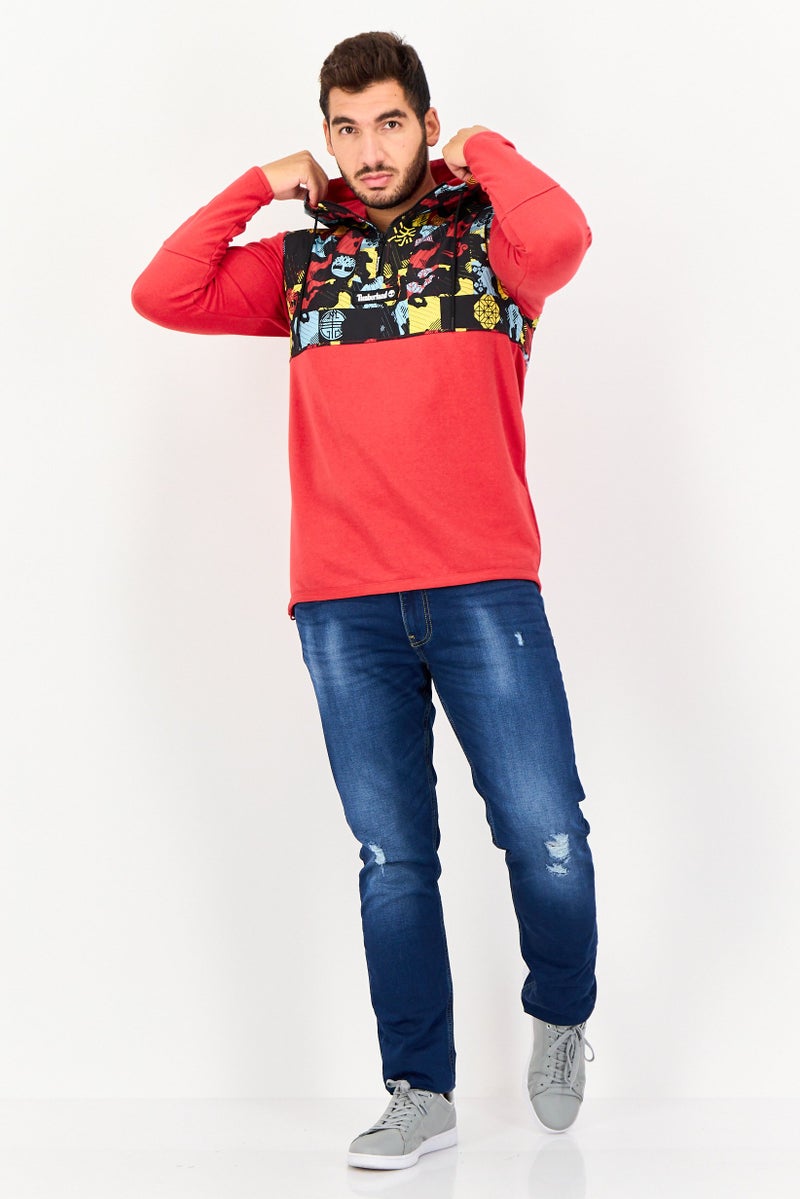 Timberland Men Graphic Print Long Sleeve Half Zip Hoodie, Red - Image 3
