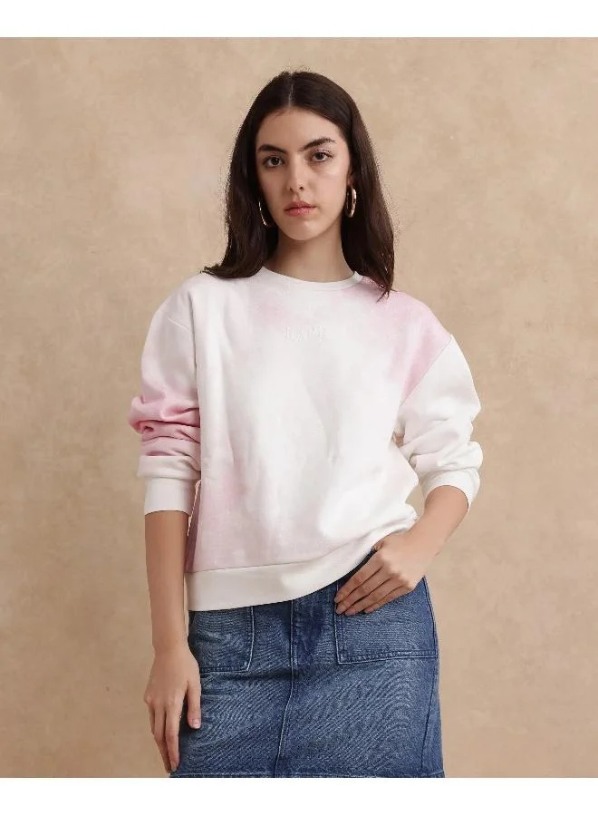 Rareism Rareism Women Elvis Off White Cotton Blend Fabric Full Sleeve Crew Neck Relaxed Fit Ombre Sweatshirt