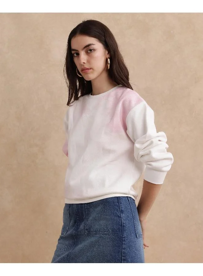 Rareism Rareism Women Elvis Off White Cotton Blend Fabric Full Sleeve Crew Neck Relaxed Fit Ombre Sweatshirt
