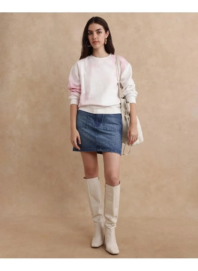Rareism Rareism Women Elvis Off White Cotton Blend Fabric Full Sleeve Crew Neck Relaxed Fit Ombre Sweatshirt