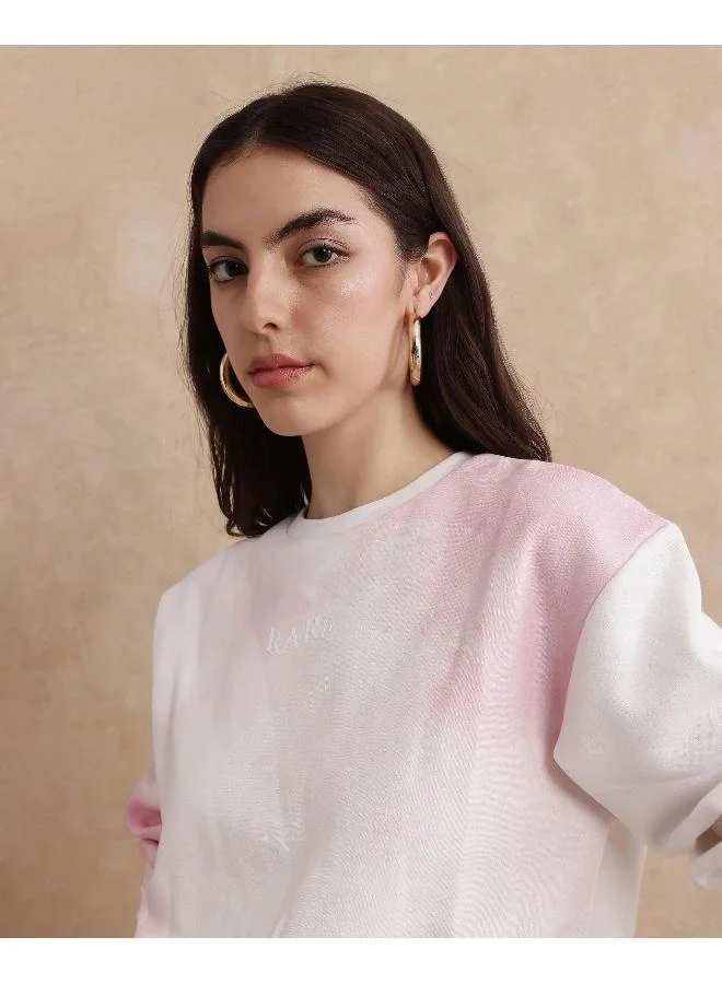 Rareism Rareism Women Elvis Off White Cotton Blend Fabric Full Sleeve Crew Neck Relaxed Fit Ombre Sweatshirt