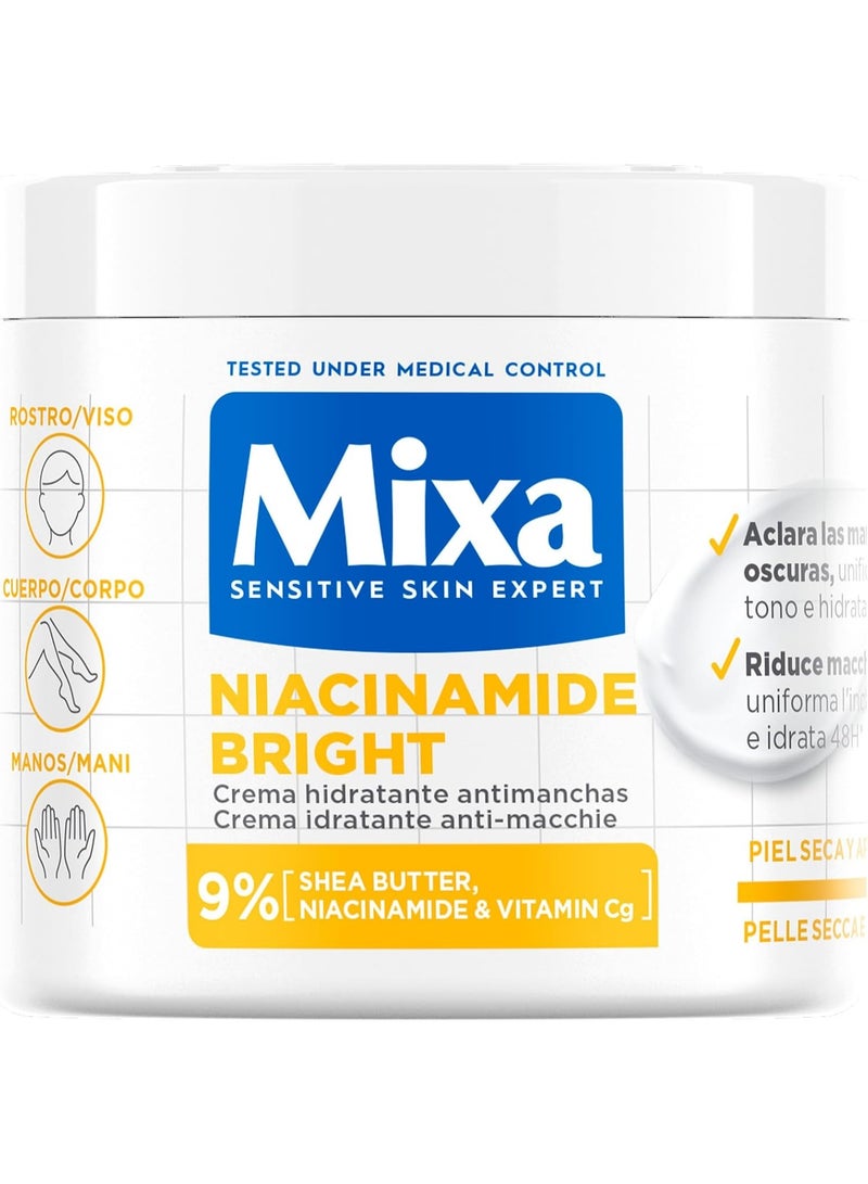 Mixa Anti-Stain Moisturising Cream for Dry and Dull Skin, Moisturized Skin for 48H, Bright, Uniform Skin with 9% Niacinamide, Vitamin C and Shea Butter, Niacinamide Bright, 400ml
