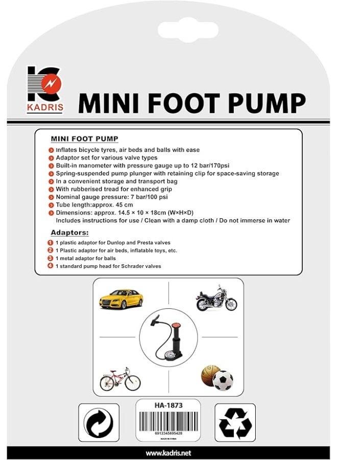Kadris HA-1873 Mini Foot Pump with Pressure Meter - Image 4
