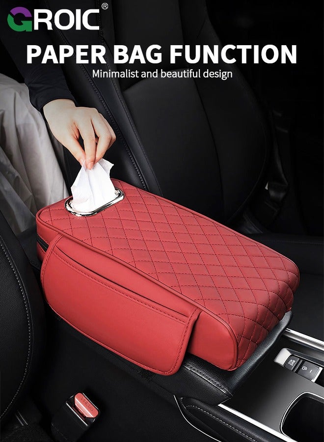 GROIC وسادة مسند ذراع السيارة 3 في 1، صندوق مناديل السيارة، وسادة مسند مركز السيارة من الجلد المقاوم للماء، وسادة مسند السيارة، غطاء مسند الذراع، وسادة مسند مع حامل مناديل، ملحقات السيارة (أحمر) - Image 2