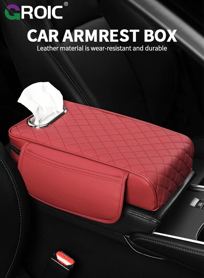 GROIC وسادة مسند ذراع السيارة 3 في 1، صندوق مناديل السيارة، وسادة مسند مركز السيارة من الجلد المقاوم للماء، وسادة مسند السيارة، غطاء مسند الذراع، وسادة مسند مع حامل مناديل، ملحقات السيارة (أحمر) - Image 3