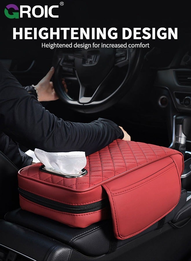GROIC وسادة مسند ذراع السيارة 3 في 1، صندوق مناديل السيارة، وسادة مسند مركز السيارة من الجلد المقاوم للماء، وسادة مسند السيارة، غطاء مسند الذراع، وسادة مسند مع حامل مناديل، ملحقات السيارة (أحمر) - Image 4