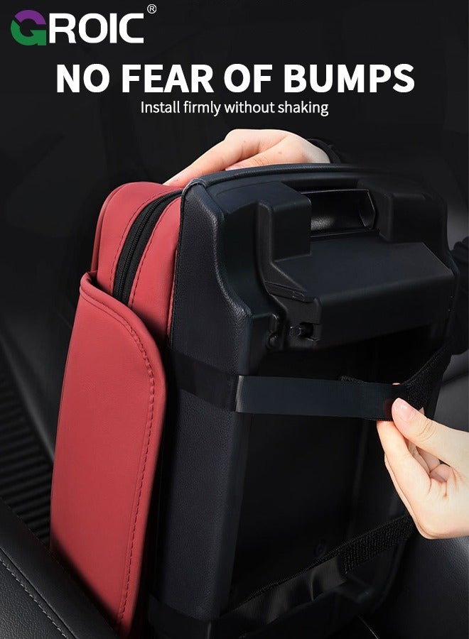 GROIC وسادة مسند ذراع السيارة 3 في 1، صندوق مناديل السيارة، وسادة مسند مركز السيارة من الجلد المقاوم للماء، وسادة مسند السيارة، غطاء مسند الذراع، وسادة مسند مع حامل مناديل، ملحقات السيارة (أحمر) - Image 5