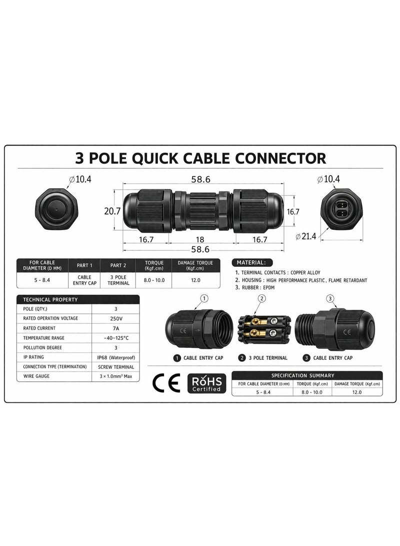 CZEN ELECTRIC IP68 Waterproof Inline Connector M10 (0.5–1.0 mm²), 3-Core 3-Pole Cable Connector, Cable OD 3–6 mm, Weatherproof Cable Joint for Outdoor, Solar, Garden, LED & Underground Wiring (Pack of 5) - Image 2