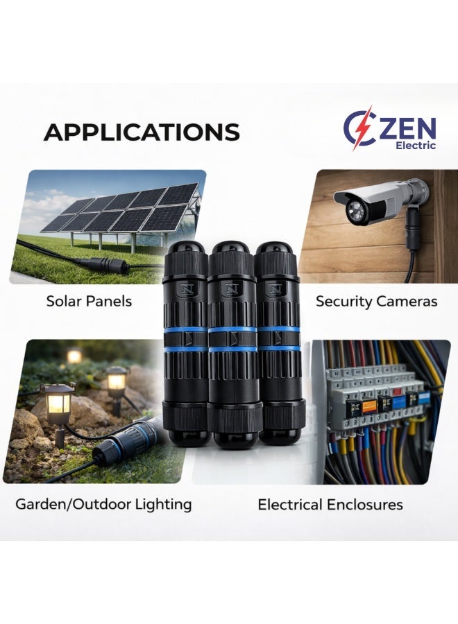 CZEN ELECTRIC IP68 Waterproof Inline Connector M10 (0.5–1.0 mm²), 3-Core 3-Pole Cable Connector, Cable OD 3–6 mm, Weatherproof Cable Joint for Outdoor, Solar, Garden, LED & Underground Wiring (Pack of 5) - Image 5