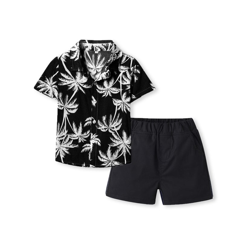 Summer Lapel Printed Short Sleeve Shirt Hawaii Holiday Boys New Casual Shorts Two-Piece - Image 4