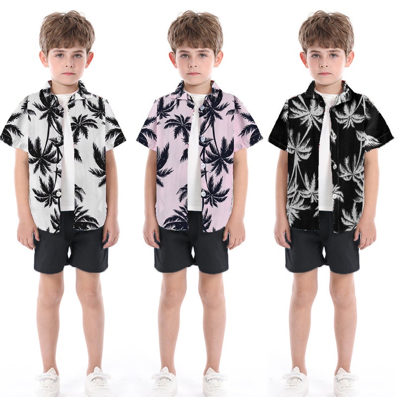 Summer Lapel Printed Short Sleeve Shirt Hawaii Holiday Boys New Casual Shorts Two-Piece - Image 2