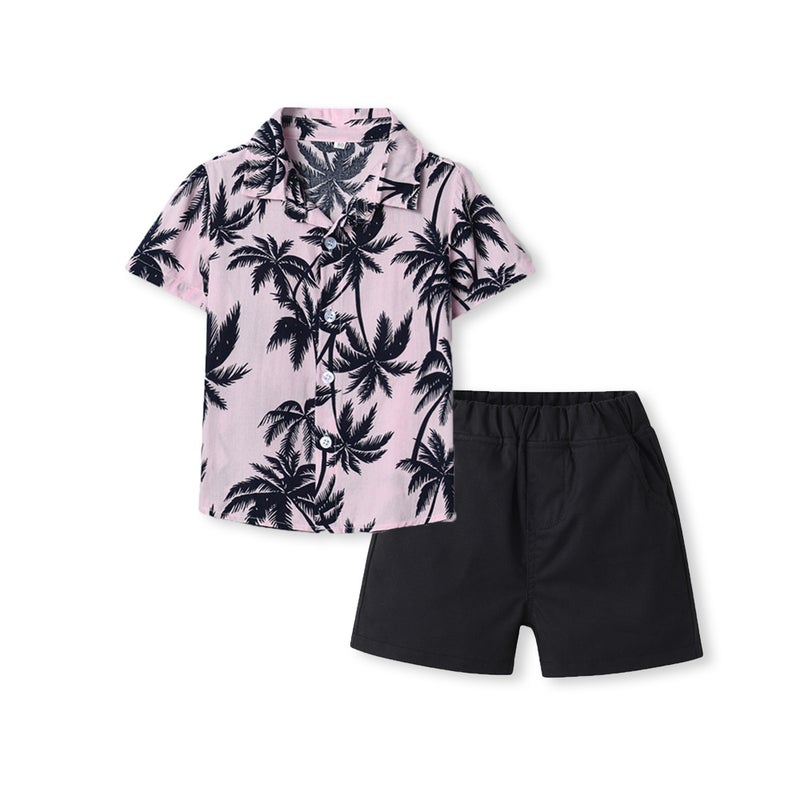 Summer Lapel Printed Short Sleeve Shirt Hawaii Holiday Boys New Casual Shorts Two-Piece - Image 3