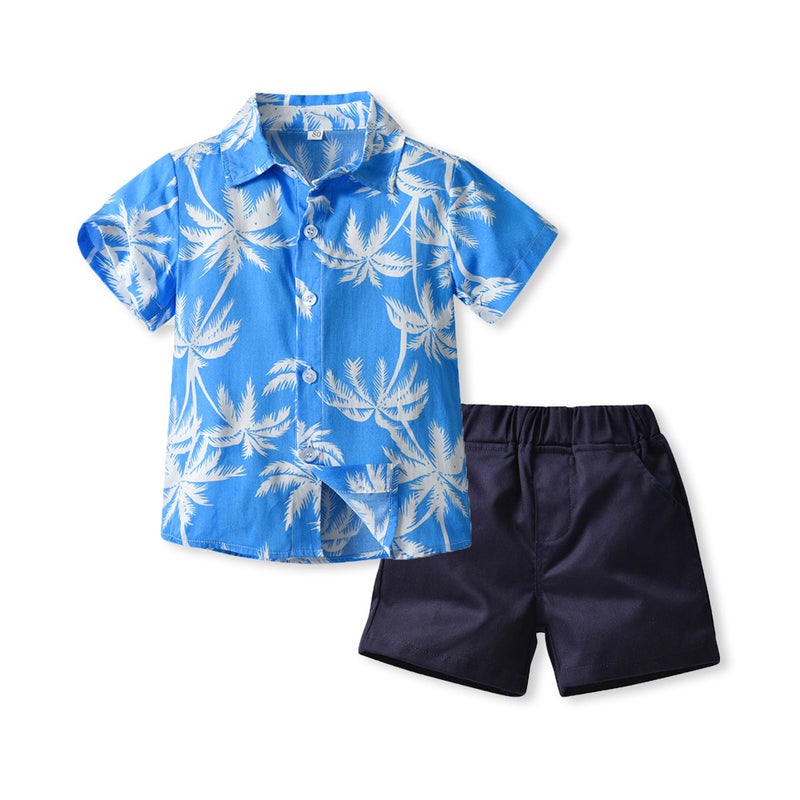 Summer Lapel Printed Short Sleeve Shirt Hawaii Holiday Boys New Casual Shorts Two-Piece - Image 1