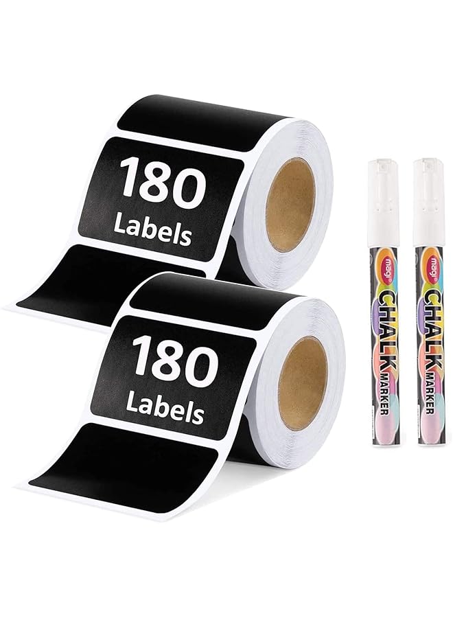 إيروريكس ملصقات سبورة قابلة لإعادة الاستخدام ومقاومة للماء وملصقات سبورة لتخزين وأكواب زجاجية وحاويات مع علامتين من الطباشير ومنظم للمكتب والمطبخ، 180 قطعة، 55 مم × 34 مم، 2 لفة - Image 1