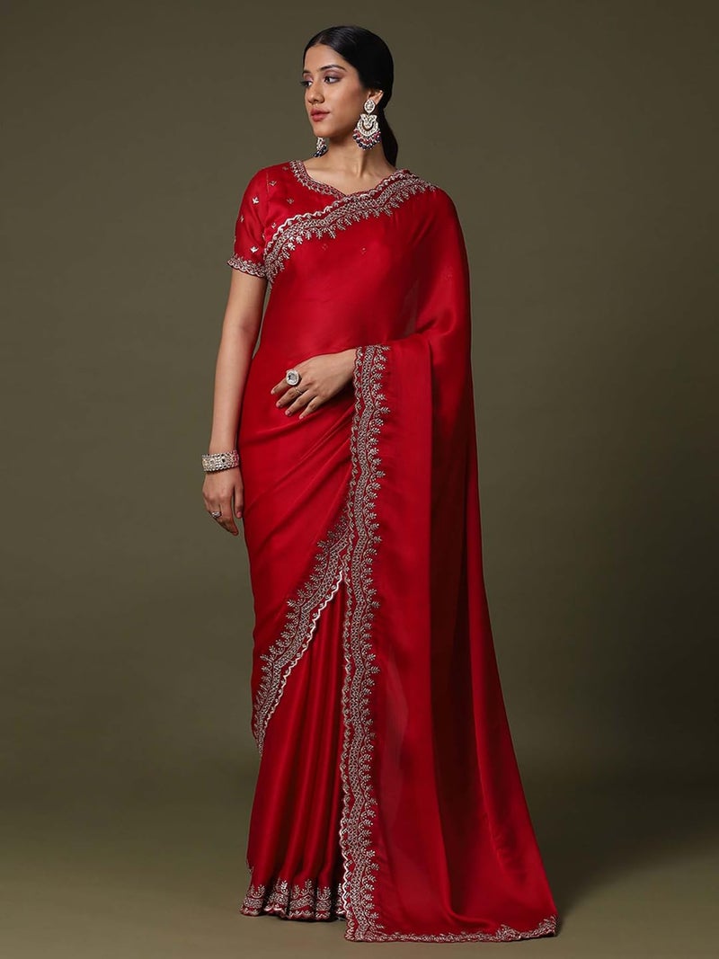 SAREE MALL Women's Red Satin Silk Embroidered Saree With Unstitched Blouse Piece (ANIKA1801_AG) - Image 4