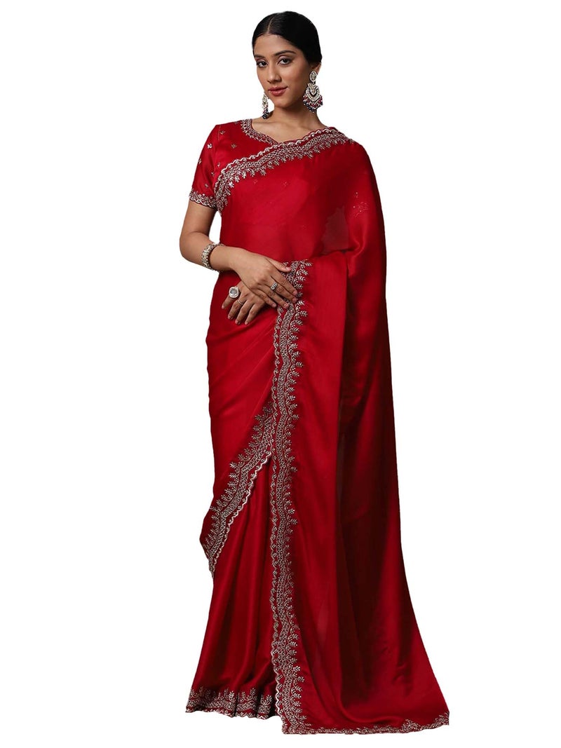 SAREE MALL Women's Red Satin Silk Embroidered Saree With Unstitched Blouse Piece (ANIKA1801_AG) - Image 1