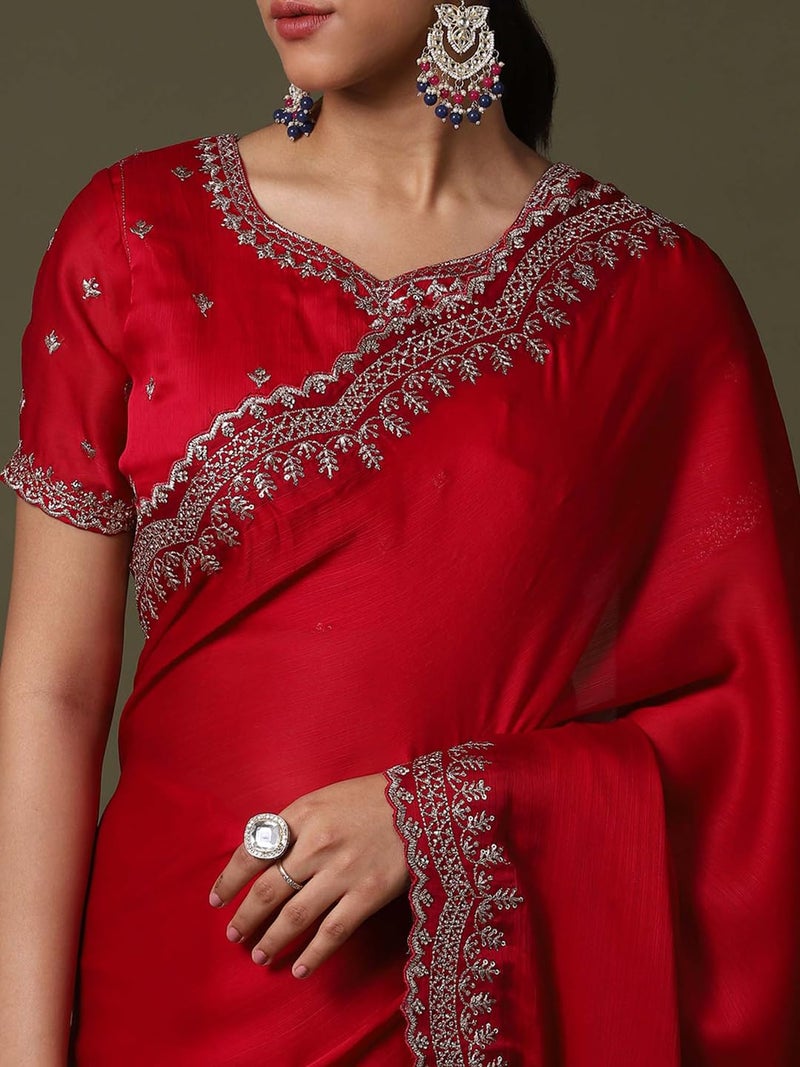 SAREE MALL Women's Red Satin Silk Embroidered Saree With Unstitched Blouse Piece (ANIKA1801_AG) - Image 5