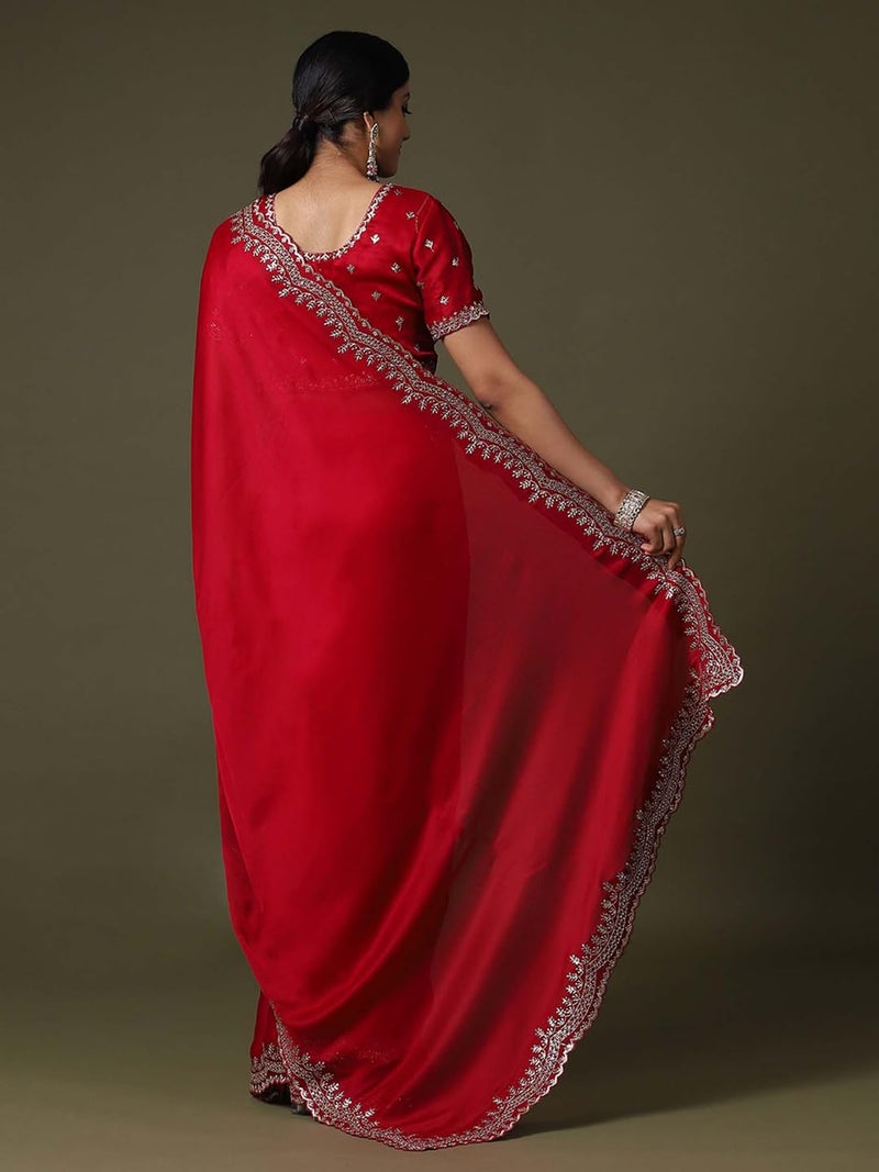 SAREE MALL Women's Red Satin Silk Embroidered Saree With Unstitched Blouse Piece (ANIKA1801_AG) - Image 2