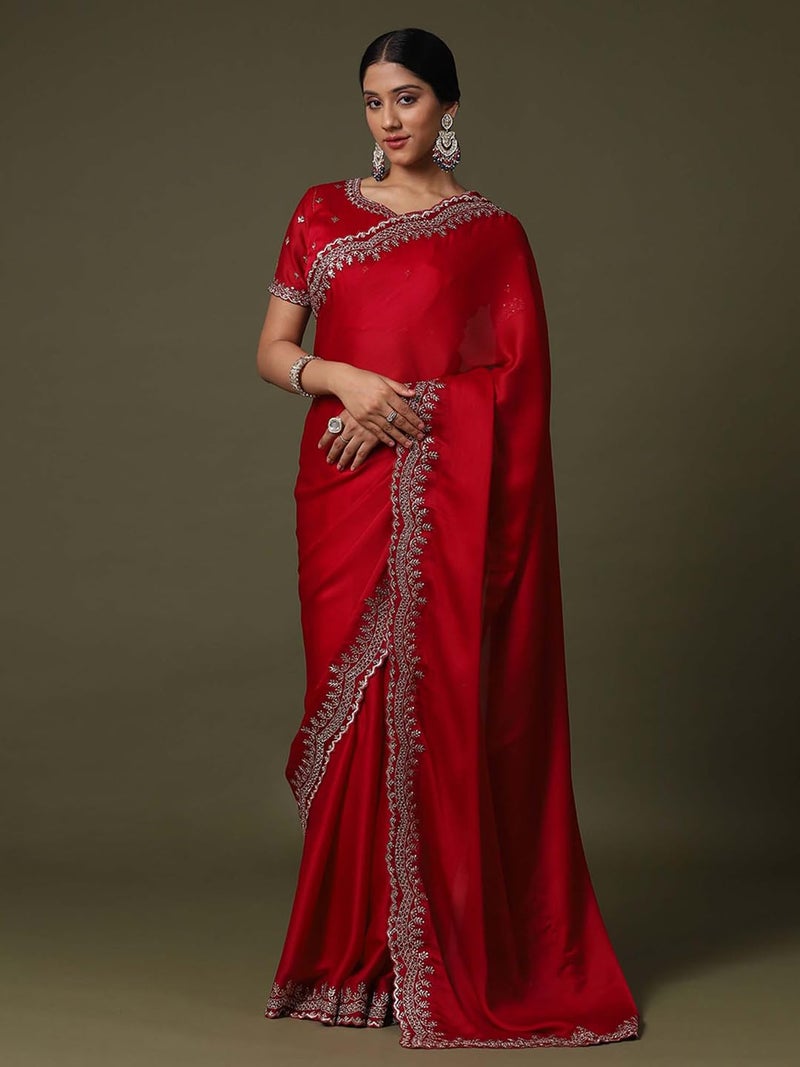 SAREE MALL Women's Red Satin Silk Embroidered Saree With Unstitched Blouse Piece (ANIKA1801_AG) - Image 3