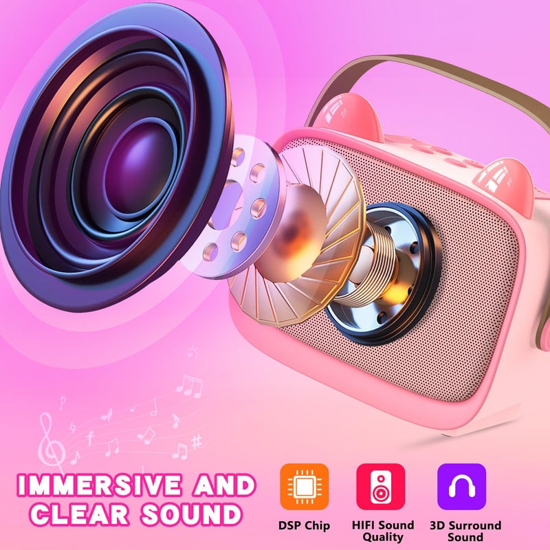 Mgaolo Upgraded Mini Karaoke Machine Toy for Kids, Portable Bluetooth Speaker with 2 Wireless Mics, Emoji & Colorful LED Lights, Home Travel & Party Play Gifts for Boys Girls (Pink) - Image 3