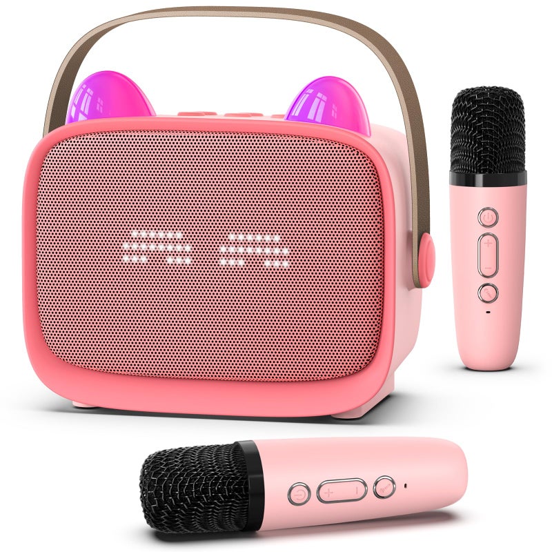 Mgaolo Upgraded Mini Karaoke Machine Toy for Kids, Portable Bluetooth Speaker with 2 Wireless Mics, Emoji & Colorful LED Lights, Home Travel & Party Play Gifts for Boys Girls (Pink) - Image 1