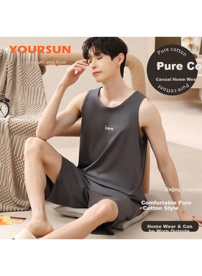Your Sun Cool And Comfortable 100% Cotton Men's Summer Sleeveless Vest And Shorts Pajamas Set Loose-fit Home Wear For Men - Image 1