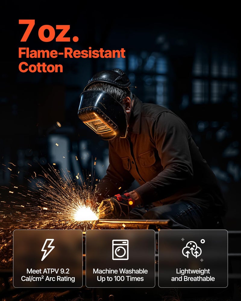 VEVOR Flame Resistant Welding Jacket, 7oz. FR Shirts for Men, Machine Washable Cotton Heat-Resistant Welding Shirt, Meets ATPV 9.2 Cal/cmÂ² Arc Rating - XL Size - Image 3