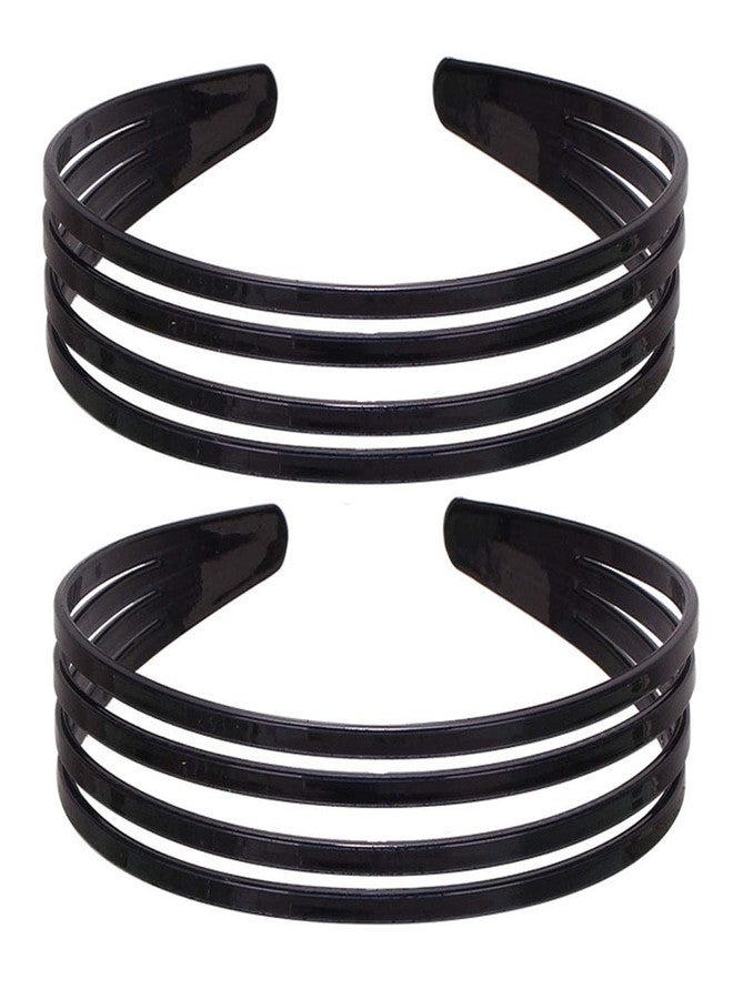 سوبيربليس طقم من قطعتين من ربطات الشعر النسائية السوداء اللامعة ذات الحواف العريضة، مصنوعة من البلاستيك المجوف المخطط الصلب (أسود - أربعة صفوف) - Image 1