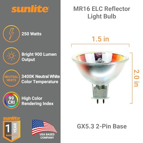 Sunlite MR16 ELC Reflector Light Bulb, 250 Watts, 24 Volts, Clear Finish, GX5.3 2-Pin Base, 99 CRI, 3400K Neutral White, Ideal for Landscape Lighting, 1 Pack - Image 2