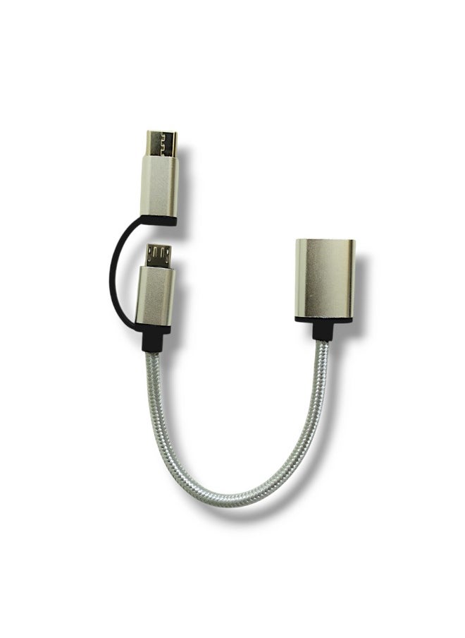 ماركة غير محددة - محول OTG  (2في1) MICRO USB و TYPE-C لنقل البيانات والشحن (الون فضي) - Image 1
